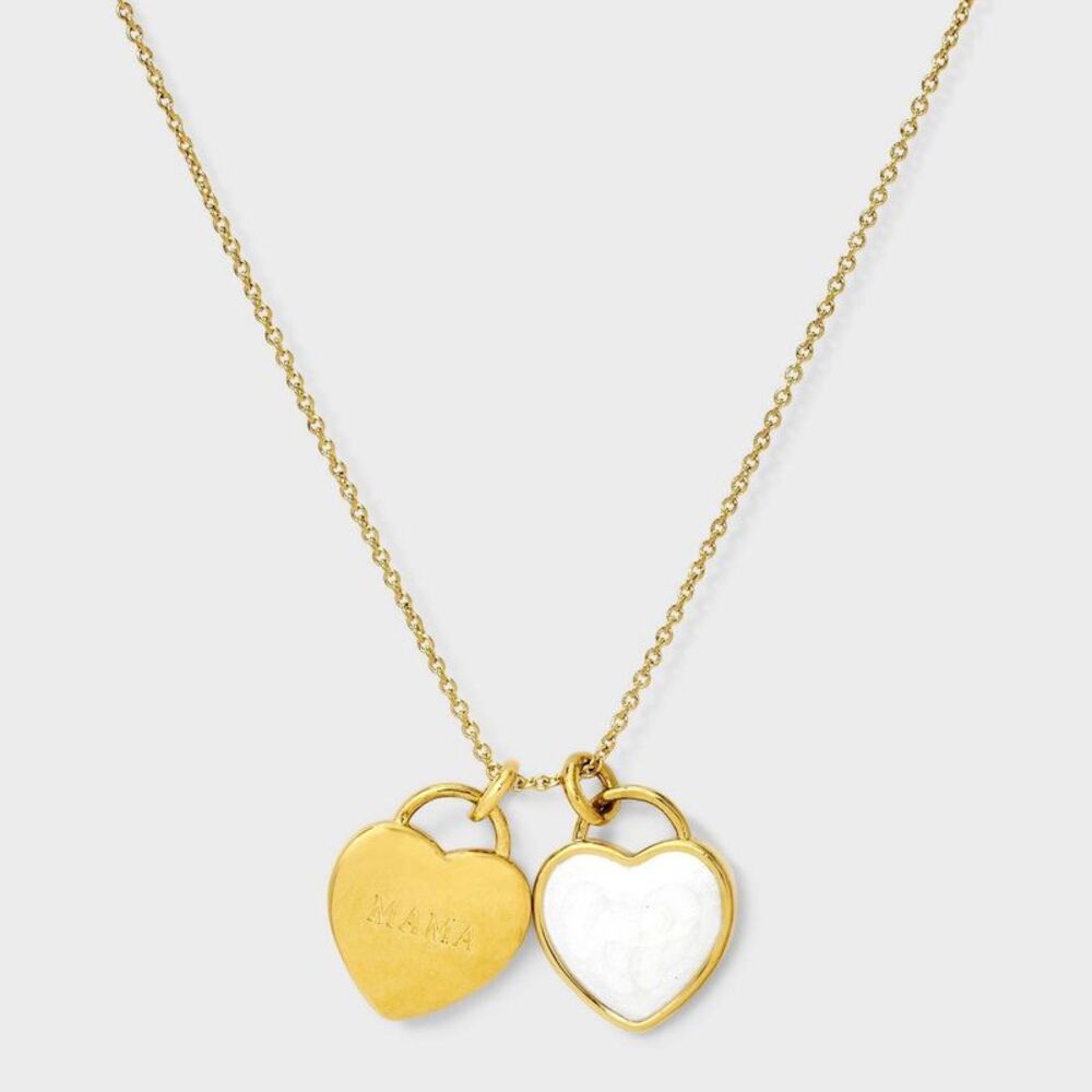 Tiny Tags 14K Gold Ion Plated "Mama" Double Heart Pendant Necklace - Gold/White